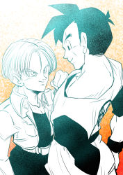 Rule 34 | 2boys, amputee, bad id, bad pixiv id, belt, black eyes, black hair, black shirt, clenched hand, clothes writing, dougi, dragon ball, dragonball z, facing away, gradient background, hands on another&#039;s chest, happy, height difference, highres, jacket, looking at another, looking down, male focus, martial arts belt, multiple boys, orange background, profile, scar, shirt, short hair, simple background, smile, son gohan, tetsuyo, trunks (dragon ball), trunks (future) (dragon ball), upper body, white background, wristband
