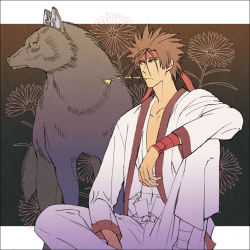 Rule 34 | 1boy, border, brown hair, flower, male focus, manly, rurouni kenshin, sagara sanosuke, shinki (ed4th6262), solo, wolf