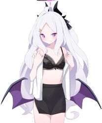 Rule 34 | 1girl, black bra, black skirt, blue archive, bra, breasts, collarbone, commentary request, demon girl, demon horns, demon wings, forehead, hair ornament, hair ribbon, hairclip, halo, highres, hina (blue archive), horns, long hair, looking at viewer, parted bangs, pencil skirt, purple eyes, ribbon, sasanoha (sasanoha0712), shirt, sidelocks, simple background, skirt, sleeveless, sleeveless shirt, small breasts, solo, stomach, underwear, undressing, white background, white hair, white shirt, wings