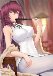 Rule 34 | 1girl, bare shoulders, blurry, blurry background, blush, breasts, china dress, chinese clothes, dress, fate/grand order, fate (series), feng mouren, folded fan, folding fan, hair between eyes, hand fan, highres, large breasts, long hair, looking at viewer, purple hair, red eyes, scathach (fate), sitting, sleeveless, thighs, white dress