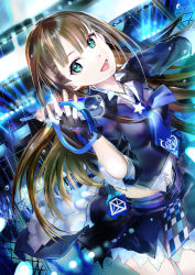 Rule 34 | 119, 1girl, :d, bad id, bad pixiv id, black gloves, black jacket, bottle, brown hair, cowboy shot, fingerless gloves, floating hair, gloves, green eyes, highres, holding, holding bottle, idolmaster, idolmaster cinderella girls, jacket, jewelry, long hair, looking at viewer, midriff, miniskirt, necklace, next frontier, open mouth, shibuya rin, shirt, short sleeves, skirt, smile, solo, stage, standing, very long hair, white shirt