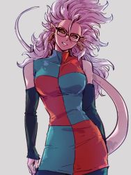 Rule 34 | 1girl, android 21, black-framed eyewear, black sclera, breasts, checkered clothes, checkered dress, colored sclera, detached sleeves, dragon ball, dragon ball fighterz, dress, earrings, glasses, grey background, hair between eyes, hoop earrings, jewelry, kemachiku, large breasts, long hair, looking at viewer, majin android 21, pink skirt, pointy ears, red eyes, simple background, skirt, solo, tail, white hair