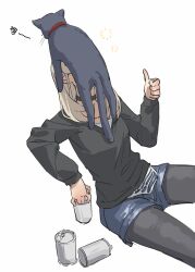 Rule 34 | 1girl, absurdres, beer can, black choker, black pantyhose, black sweater, blue shorts, can, cat, cat on face, chinese commentary, choker, commentary request, drink can, fafayu, girls band cry, grey hair, highres, holding, holding can, invisible chair, kawaragi momoka, long hair, long sleeves, pantyhose, pantyhose under shorts, shorts, simple background, sitting, solo, sweater, thumbs up, white background