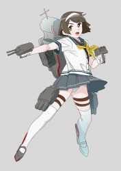 Rule 34 | 1girl, blouse, blue sailor collar, brown eyes, brown hair, commentary request, dual wielding, full body, gloves, grey background, grey skirt, hairband, holding, kantai collection, machinery, neckerchief, ojipon, panties, pantyshot, pleated skirt, sailor collar, school uniform, serafuku, shirt, short hair, short sleeves, simple background, skirt, solo, tanikaze (kancolle), thighhighs, underwear, white gloves, white hairband, white panties, white shirt, white thighhighs, yellow neckerchief