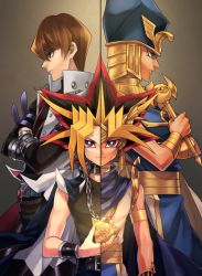 Rule 34 | 3boys, bright pupils, brown hair, height difference, highres, jewelry, kaiba seto, looking at viewer, male focus, multicolored hair, multiple boys, profile, spiked hair, yami yugi, yu-gi-oh!