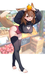 Rule 34 | 1girl, :d, animal ears, annytf, arms up, black sweater, black thighhighs, blurry, blurry background, brown eyes, brown hair, cleavage cutout, clothing cutout, commentary, extra ears, fang, food, food on head, fruit, fruit on head, hair between eyes, highres, holding, holding food, holding fruit, indie virtual youtuber, leaning forward, legs, leotard, looking at viewer, market, object on head, open mouth, orange (fruit), red leotard, skin fang, smile, solo, standing, stirrup legwear, sweater, swept bangs, symbol-only commentary, tail, thighhighs, thighs, toeless legwear, virtual youtuber, yuniiho