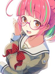 Rule 34 | 1girl, absurdres, ahoge, blush, collarbone, glasses, green hair, grey sailor collar, highres, juliet sleeves, kantai collection, koumei (twinameless), long sleeves, multicolored hair, open mouth, orange eyes, pink-framed eyewear, pink hair, puffy sleeves, sailor collar, short hair, simple background, smile, solo, ume (kancolle), upper body, white background