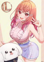 Rule 34 | 1girl, blue skirt, blush, breasts, dog, earrings, gold earrings, hair ornament, hairpin, highres, hololive, hololive dev is, hoop earrings, ichijou ririka, jewelry, large breasts, long hair, looking at viewer, nail polish, open mouth, orange eyes, orange hair, orange nails, pink shirt, reiwa rerere, ring, shirt, single earring, skirt, sleeveless, sleeveless shirt, smile, teeth, thigh strap, upper teeth only, v, virtual youtuber, watch, wristwatch