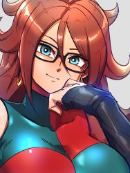 Rule 34 | 1girl, android 21, black gloves, blue dress, blue eyes, breasts, checkered clothes, checkered dress, close-up, dragon ball, dragon ball fighterz, dress, earrings, elbow gloves, glasses, gloves, grey background, hand on own cheek, hand on own face, head tilt, hoop earrings, huge breasts, jewelry, kemachiku, light smile, long hair, looking at viewer, red dress, red hair, simple background, single glove, sleeveless, sleeveless dress, smile, solo, spiked hair, two-tone dress, upper body
