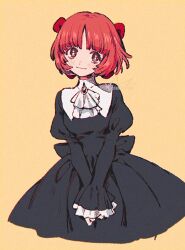 Rule 34 | 1girl, aged up, artist name, ascot, black dress, black jack (series), blush, bob cut, bow, brooch, chromatic aberration, closed mouth, cropped legs, cropped torso, dress, hair bow, highres, jewelry, juliet sleeves, long sleeves, looking at viewer, m: (zmzmoo00), own hands together, pinoko, puffy sleeves, red bow, red eyes, red hair, short hair, signature, simple background, sleeves past wrists, smile, solo, v arms, watermark, white ascot, wide sleeves, yellow background