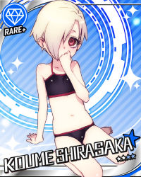 Rule 34 | 1girl, arm support, bags under eyes, bikini, blonde hair, blush, card, card (medium), card parody, character name, cinderella girls card parody, covering face, covering own mouth, covering privates, earrings, gem (symbol), hair over one eye, hijiri rei, idolmaster, idolmaster cinderella girls, jewelry, looking at viewer, navel, parody, red eyes, shirasaka koume, short hair, solo, sparkle, star (symbol), swimsuit