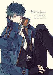 1boy absurdres belt black_gloves black_suit blue_hair character_name collared_coat collared_shirt copyright_name dated fate/grand_order fate_(series) fingerless_gloves formal gloves highres kainohito long_sleeves looking_at_viewer male_focus pants saitou_hajime_(fate) shirt short_hair sitting smile solo suit twitter_username white_shirt