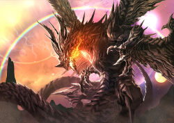 Rule 34 | bahamut (final fantasy), claws, commentary request, dragon, dragon horns, dragon wings, electricity, fantasy, fire, hanekura bou, horns, long tail, monster, multiple wings, no humans, original, rainbow, tail, western dragon, wings