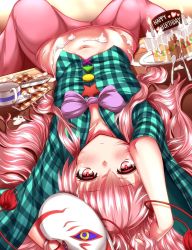 Rule 34 | 1girl, blush, bow, cake, cup, downblouse, expressionless, food, fox mask, happy birthday, hata no kokoro, highres, long hair, long sleeves, looking at viewer, lying, mask, midriff, mouth mask, navel, on back, pink eyes, pink hair, shirt, skirt, solo, teacup, touhou, very long hair, wide sleeves, zan (harukahime)