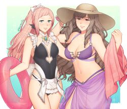 Rule 34 | 2girls, bare arms, bare shoulders, bikini, black one-piece swimsuit, breasts, brown hair, cleavage, commentary, cowboy shot, felicia (fire emblem), fire emblem, fire emblem awakening, fire emblem fates, grin, hat, highres, hiomaika, holding, holding towel, large breasts, long hair, looking at viewer, medium breasts, multiple girls, navel, nintendo, one-piece swimsuit, pink hair, ponytail, purple bikini, sarong, smile, standing, stomach, sumia (fire emblem), sun hat, swimsuit, thighs, towel, very long hair