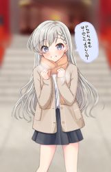 Rule 34 | 1girl, absurdres, black skirt, blurry, blurry background, braid, braided bangs, breath, brown jacket, brown scarf, depth of field, earrings, feet out of frame, fringe trim, grey eyes, grey hair, grin, hands up, hatsumoude, highres, hisakawa hayate, idolmaster, idolmaster cinderella girls, idolmaster cinderella girls starlight stage, jacket, jewelry, long hair, long sleeves, looking at viewer, mitsumine raimu, new year, open clothes, open jacket, pleated skirt, scarf, shirt, skirt, sleeves past wrists, smile, solo, stairs, standing, stone stairs, translation request, very long hair, white shirt