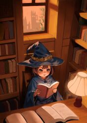 Rule 34 | 1girl, absurdres, blue hat, blue robe, book, bookshelf, brown eyes, brown hair, desk lamp, dog loli, hat, highres, holding, holding book, lamp, open book, original, reading, robe, sitting, solo, window, witch, witch hat