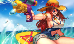 Rule 34 | 1girl, armlet, armpits, bare shoulders, blue-tinted eyewear, bow, bracelet, breasts, brown eyes, cleavage cutout, clothing cutout, cowboy shot, day, earrings, eyelashes, finger on trigger, firing, glasses, gun, hat, hat ribbon, heart, heart-shaped eyewear, heart-shaped sunglasses, highres, holding, holding gun, holding weapon, hoop earrings, jewelry, large breasts, league of legends, looking at viewer, miss fortune (league of legends), motion blur, navel, navel cutout, necklace, ocean, one-piece swimsuit, orange hair, outdoors, outstretched arm, pd (pdpdlv1), pendant, pool party miss fortune, red bow, red hair, red lips, red ribbon, ribbon, ring, ring necklace, see-through, shade, sideboob, solo, splashing, sunglasses, surfboard, swimsuit, tinted eyewear, water, water gun, weapon