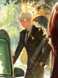Rule 34 | 1boy, 1girl, alternate hair length, alternate hairstyle, black jacket, black necktie, black pants, car, chinese commentary, collared shirt, commentary request, day, facial mark, falling leaves, formal, hand in pocket, highres, inuyasha, jacket, leaf, light particles, long sleeves, male focus, mmmilk, motor vehicle, necktie, outdoors, pants, parted lips, pointy ears, sesshoumaru, shirt, short hair, solo focus, suit, suit jacket, tree, whisker markings, white hair, white shirt