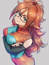 Rule 34 | 1girl, android 21, black-framed eyewear, black nails, blue eyes, breasts, checkered clothes, checkered dress, closed mouth, crossed arms, dragon ball, dragon ball fighterz, dress, earrings, glasses, grey background, hair between eyes, hoop earrings, jewelry, kemachiku, large breasts, light smile, long hair, looking at viewer, nail polish, red hair, simple background, solo