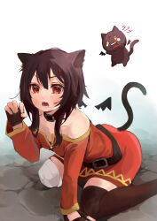 Rule 34 | 1girl, angry, animal ear fluff, animal ears, bandaged leg, bandages, bare shoulders, bat wings, belt, belt buckle, black belt, black cat, black choker, black gloves, black hair, black thighhighs, blush, breasts, brown eyes, buckle, cat, cat ears, cat tail, choker, chomusuke, claw pose, commentary, cross hair ornament, detached wings, dress, eyepatch, fang, fingerless gloves, floating, gloves, hair between eyes, hair ornament, hair strand, hairclip, hand on ground, highres, kono subarashii sekai ni shukufuku wo!, leaning forward, long sleeves, looking at viewer, megumin, messy hair, mini wings, off-shoulder dress, off shoulder, on floor, open mouth, paw pose, red dress, short hair, short hair with long locks, single thighhigh, sitting, skin fang, small breasts, solo, stone floor, suguri nojo, tail, tearing up, thighhighs, v-shaped eyes, wariza, white background, wings, zettai ryouiki