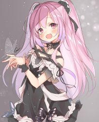 Rule 34 | 1girl, alternate costume, alternate hair color, blush, bug, butterfly, collarbone, commentary request, fang, gau (n00 shi), gothic lolita, highres, hololive, insect, lolita fashion, looking at viewer, open mouth, red eyes, simple background, solo, uruha rushia, uruha rushia (3rd costume), virtual youtuber