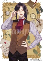 Rule 34 | 1boy, :d, adjusting eyewear, ascot, binoculars, black hair, black pants, border, brown vest, buttoned cuffs, buttons, copyright notice, cowboy shot, dress shirt, footprints, framed, fukahire (ruinon), hand on own hip, happy birthday, key, keyring, letter, long sleeves, looking at viewer, low ponytail, magnifying glass, male focus, mandarin collar, medium hair, missing poster, monocle, nib pen (object), nijisanji, notebook, official art, open mouth, outside border, pants, parted bangs, paw print, pen, pocket watch, red ascot, sample watermark, shellin burgundy, shirt, smile, solo, standing, sunburst, teeth, vest, virtual youtuber, watch, watermark, wax seal, white border, white shirt, yellow background, yellow eyes