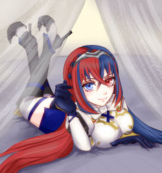 Rule 34 | 1girl, alear (female) (fire emblem), alear (fire emblem), artist request, bed, blue eyes, blue hair, braid, breasts, crown braid, fire emblem, fire emblem engage, gloves, heterochromia, high heels, long hair, looking at viewer, lying, medium breasts, multicolored hair, nintendo, on bed, on stomach, red eyes, red hair, smile, solo, thighhighs, tiara, very long hair