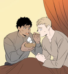 Rule 34 | 2boys, black hair, blank eyes, blanket, blonde hair, bowl, brown shirt, commentary request, curtains, daki info, dark-skinned male, dark skin, dungeon meshi, feeding, grey eyes, grey shirt, hands up, highres, holding, holding bowl, holding spoon, kabru, korean commentary, laios touden, long sleeves, looking at another, male focus, multiple boys, open mouth, shirt, short hair, simple background, sitting, spoon, steam, teardrop, under covers, very short hair, yellow background