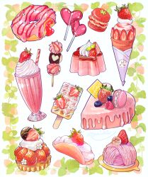Rule 34 | blueberry, candy, crepe, cup, dessert, doughnut, drinking glass, drinking straw, food, food focus, fruit, highres, lollipop, macaron, milkshake, miri illust, original, pastry, popsicle, pudding, raspberry, strawberry, strawberry slice