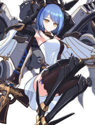 Rule 34 | 1girl, azur lane, black thighhighs, blue hair, cannon, cross (weapon), degawa1121, dress, floating headgear, gascogne (azur lane), gauntlets, halo, headgear, highres, looking at viewer, machinery, mechanical halo, rigging, short hair, simple background, solo, strapless, strapless dress, thighhighs, turret, white background, white dress, yellow eyes