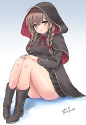 Rule 34 | 1girl, ahoge, black capelet, black dress, black footwear, braid, breasts, brown eyes, brown hair, capelet, commentary request, dated, dress, gradient background, grey background, hair ribbon, hood, hooded capelet, kantai collection, kitagawa mikio, large breasts, long hair, long sleeves, one-hour drawing challenge, pleated dress, red ribbon, ribbon, shinshuu maru (kancolle), sitting, solo, twin braids, twitter username