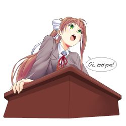 Rule 34 | 1girl, arm support, bow, brown hair, collared shirt, commentary, desk, doki doki literature club, elchrissenpai, english commentary, english text, from below, green eyes, hair bow, long hair, long sleeves, monika (doki doki literature club), neck ribbon, open mouth, red ribbon, resolution mismatch, ribbon, self-upload, shirt, solo, source smaller, speech bubble, teeth, transparent background, upper body, upper teeth only, white bow
