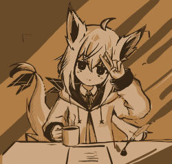 Rule 34 | ahoge, animal ears, arm up, blush, bow, bright pupils, brown theme, collared shirt, crossed bangs, cup, dot nose, drawstring, empty eyes, fox ears, fox girl, fox tail, hair between eyes, hand on own head, hatching, holding, holding cup, hood, hood down, hoodie, inkwell, long hair, long sleeves, looking at viewer, monochrome, mug, neck ribbon, original, paper, quill, ribbon, sepia, shirt, smile, table, tail, tail bow, tail ornament, upper body, v, white pupils, zhu (pixiv 36470540)