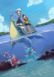 Rule 34 | 1boy, 1girl, backpack, bag, binoculars, bubble, chikorita, cloud, creatures (company), ethan (pokemon), game freak, gen 1 pokemon, gen 2 pokemon, hand on another&#039;s head, hat, horns, lapras, looking at another, lyra (pokemon), magikarp, nintendo, pokemon, pokemon (creature), pokemon hgss, riding, riding pokemon, shell, single horn, surf, thighhighs, totodile, vidolus, water