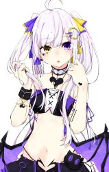 Rule 34 | 1girl, :o, ahoge, bandeau, bare shoulders, black skirt, breasts, choker, collarbone, crescent, crescent hair ornament, demon girl, demon wings, facial mark, groin, hair ornament, hands up, heart, heterochromia, holding, holding hair, ichiki 1, jewelry, long hair, looking at viewer, midriff, navel, original, parted lips, purple eyes, ring, sidelocks, simple background, skirt, small breasts, solo, stomach, twintails, upper body, very long hair, white background, white hair, wings, wristband, yellow eyes