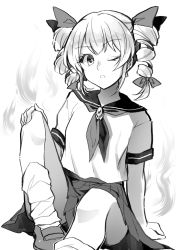 Rule 34 | 1girl, alternate costume, blouse, breasts, drill hair, eyelashes, feet out of frame, greyscale, hair ribbon, highres, kaede (mmkeyy), loafers, looking at viewer, monochrome, neckerchief, no headwear, one eye closed, open mouth, pleated skirt, ribbon, sailor collar, school uniform, serafuku, shirt, shoes, short sleeves, sitting, skirt, small breasts, socks, touhou, twin drills, yorigami jo&#039;on