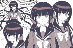Rule 34 | 1girl, angry, blush, bow, bowtie, danganronpa (series), danganronpa v3: killing harmony, earrings, floating hair, grey background, greyscale, hair ornament, hair scrunchie, hairclip, harukawa maki, highres, holding, holding knife, jewelry, knife, long hair, long sleeves, looking at viewer, low twintails, mole, mole under eye, monochrome, multiple views, pleated skirt, pout, sailor collar, school uniform, scrunchie, shaded face, shirt, simple background, skirt, smile, twintails, upper body, visket53