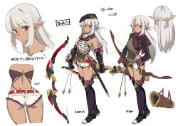 1girl a_rank_party_o_ridatsu_shita_ore_wa_moto_oshiego-tachi_to_meikyuu_shinbu_o_mezasu arrow_(projectile) ass belt beret black_boots black_gloves black_hat boots bow_(weapon) character_name commentary_request covered_navel dark-skinned_female dark_elf dark_skin elbow_gloves elf english_text gloves grey_hair hat height highres holding holding_bow_(weapon) holding_weapon long_sleeves multiple_views pointy_ears purple_scarf quiver red_belt red_eyes reference_sheet scarf shorts silk_(aparida) super_zombie thigh_boots translation_request weapon white_gloves white_shorts