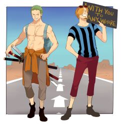 Rule 34 | 2boys, alternate costume, backpack, bag, black footwear, blonde hair, brown pants, earrings, eyewear on head, facial hair, green hair, grin, hair over one eye, hand in pocket, highres, hitchhiking, holding, holding sign, holding weapon, jewelry, male focus, multiple boys, one piece, pants, pectorals, red pants, roronoa zoro, sanji (one piece), scar, scar across eye, scar on chest, sheath, sheathed, shironegi zzz, shirt, short hair, sign, smile, striped clothes, striped shirt, sunglasses, sword, topless male, weapon