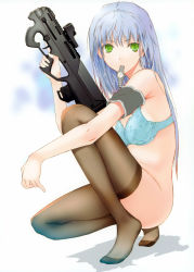 Rule 34 | 1girl, absurdres, assault rifle, blue bra, blue hair, bottomless, bra, bullpup, carbine, fuyuno haruaki, green eyes, gun, highres, kneeling, lingerie, long hair, magpul, magpul pdr, magpul pdr-c, mouth hold, no panties, on one knee, original, personal defense weapon, prototype design, rifle, short-barreled rifle, solo, submachine gun, thighhighs, trigger discipline, underwear, underwear only, watch, weapon, wristwatch