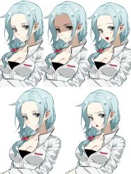 Rule 34 | 1girl, absurdres, black shirt, blue eyes, blue hair, breasts, chinese commentary, cleavage, closed mouth, commentary request, enomoto noa, expressions, hair bobbles, hair ornament, highres, jacket, kitakawayui, light blue hair, long sleeves, medium hair, open mouth, parted bangs, partially unzipped, saibou shinkyoku, shaded face, shirt, simple background, smile, white background, white jacket