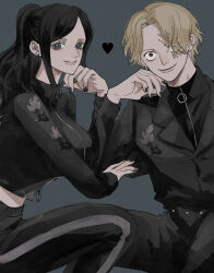 Rule 34 | 1boy, 1girl, black hair, black jacket, black nails, black pants, blonde hair, blue eyes, breasts, closed mouth, commentary request, earrings, heart, highres, jacket, jewelry, large breasts, long hair, long sleeves, looking at viewer, midriff, nico robin, nsgw, one piece, pants, ponytail, sabo (one piece), scar, scar on face, short hair, simple background, sitting, smile, teeth, zipper