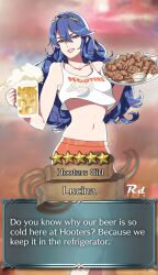 Rule 34 | 1girl, alcohol, alternate costume, artist logo, beer, beer mug, blue eyes, blue hair, blurry, blurry background, breasts, character name, chicken (food), chicken leg, commission, crop top, cup, dialogue box, english text, fake screenshot, fire emblem, fire emblem awakening, fire emblem heroes, foam, food, gacha, grin, hairband, highres, holding, holding cup, holding food, holding tray, hooters, long hair, looking at viewer, lucina (fire emblem), midriff, mug, navel, nintendo, orange shorts, parted lips, pixiv commission, r3dfive, red lips, short shorts, shorts, small breasts, smile, solo, stomach, tank top, tiara, tray, very long hair, waitress, wavy hair, white tank top