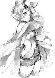 Rule 34 | 1girl, animal ears, ass, blush, breasts, closed mouth, commentary request, cowboy shot, doushimasho, erune, granblue fantasy, greyscale, hands up, long sleeves, looking at viewer, medium breasts, monochrome, short hair, short shorts, shorts, simple background, sketch, solo, standing, sutera (granblue fantasy), white background, wristband