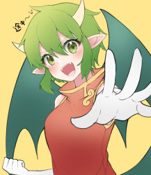 Rule 34 | 1girl, china dress, chinese clothes, clenched hand, draco centauros, dragon girl, dragon tail, dragon wings, dress, eyelashes, fangs, foreshortening, gloves, green eyes, hair between eyes, happy, kashima miyako, looking at viewer, open mouth, outstretched arm, pointy ears, puyopuyo, red dress, short hair, simple background, solo, tail, teeth, translation request, upper teeth only, white gloves, wings, yellow background