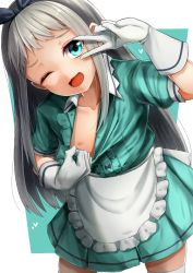 Rule 34 | 10s, 1boy, ;&gt;, ;d, apron, aqua eyes, aqua shirt, black bow, blend s, blouse, blue dress, bow, center frills, collarbone, commentary request, crossdressing, dress, flashing, flat chest, frills, gloves, hair bow, hairband, kanzaki hideri, long hair, looking at viewer, maid, male focus, nipples, no bra, one eye closed, open clothes, open mouth, open shirt, overalls, puffy short sleeves, puffy sleeves, shirt, short sleeves, silver hair, simple background, smile, solo, teasing, thighhighs, trap, unbuttoned, v over eye, waitress, wavy mouth, white background