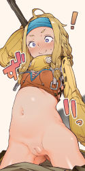 Rule 34 | !, 1girl, accidental exposure, arm at side, arm up, blonde hair, blush, braid, breasts, cleft of venus, clothes pull, collagen, cowboy shot, crafting shop daughter (monster hunter), crop top, embarrassed, freckles, gluteal fold, hairband, headband, long hair, long sleeves, monster hunter, monster hunter (series), monster hunter 4, navel, nelly, no panties, nose blush, outie navel, pants, pants falling, pants pull, purple eyes, pussy, sleeves past wrists, small breasts, smile, solo, stomach, sweatdrop, tearing up, thick eyebrows, third-party edit, uncensored, wardrobe malfunction, wide-eyed, wide sleeves