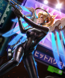 Rule 34 | 1girl, aiming, artist name, backlighting, blonde hair, blue eyes, blue wings, blurry, blurry background, bodysuit, breasts, closed mouth, crossover, depth of field, earrings, embers, feet out of frame, gantz, gantz suit, glowing, gluteal fold, gun, halo, high ponytail, holding, holding gun, holding weapon, holster, jewelry, legs apart, lens flare, liang xing, lips, looking to the side, mechanical halo, mechanical wings, medium breasts, mercy (overwatch), neon lights, overwatch, overwatch 1, patreon username, pink lips, ponytail, profile, screen, serious, shiny clothes, solo, spread wings, standing, thigh holster, watermark, weapon, web address, wings