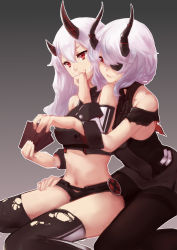 Rule 34 | 2girls, abyssal ship, arms around waist, card, commentary request, covered mouth, dress, enemy barbarossa (warship girls r), enemy hindenburg (warship girls r), enemy vessel (warship girls r), eyepatch, hand on own hip, highres, horns, hug, hug from behind, leaning on person, midriff, multiple girls, navel, pantyhose, red eyes, short shorts, shorts, sitting, thighhighs, torn clothes, torn legwear, wariza, warship girls r, wavy hair, white hair, wrist cuffs, yan wen zi